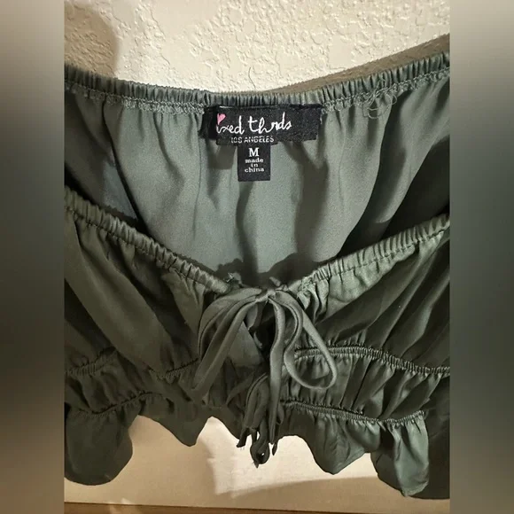 Mixed Threads Tie Front Square Neck Hunter Green Peasant Crop Blouse - Picture 7 of 13